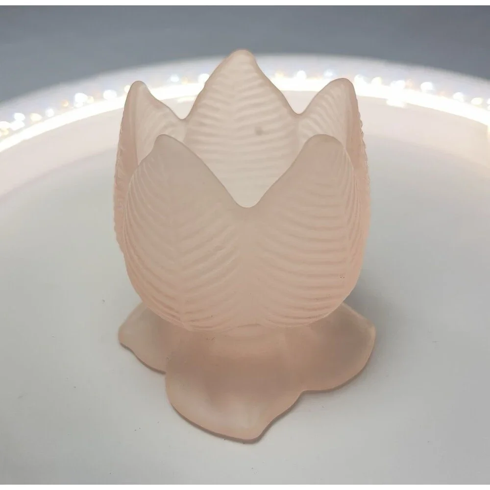 Vtg Tulip/Lotus Candle Holder Frosted Pink Embossed Glass - Leaf Pedestal MCM 3”